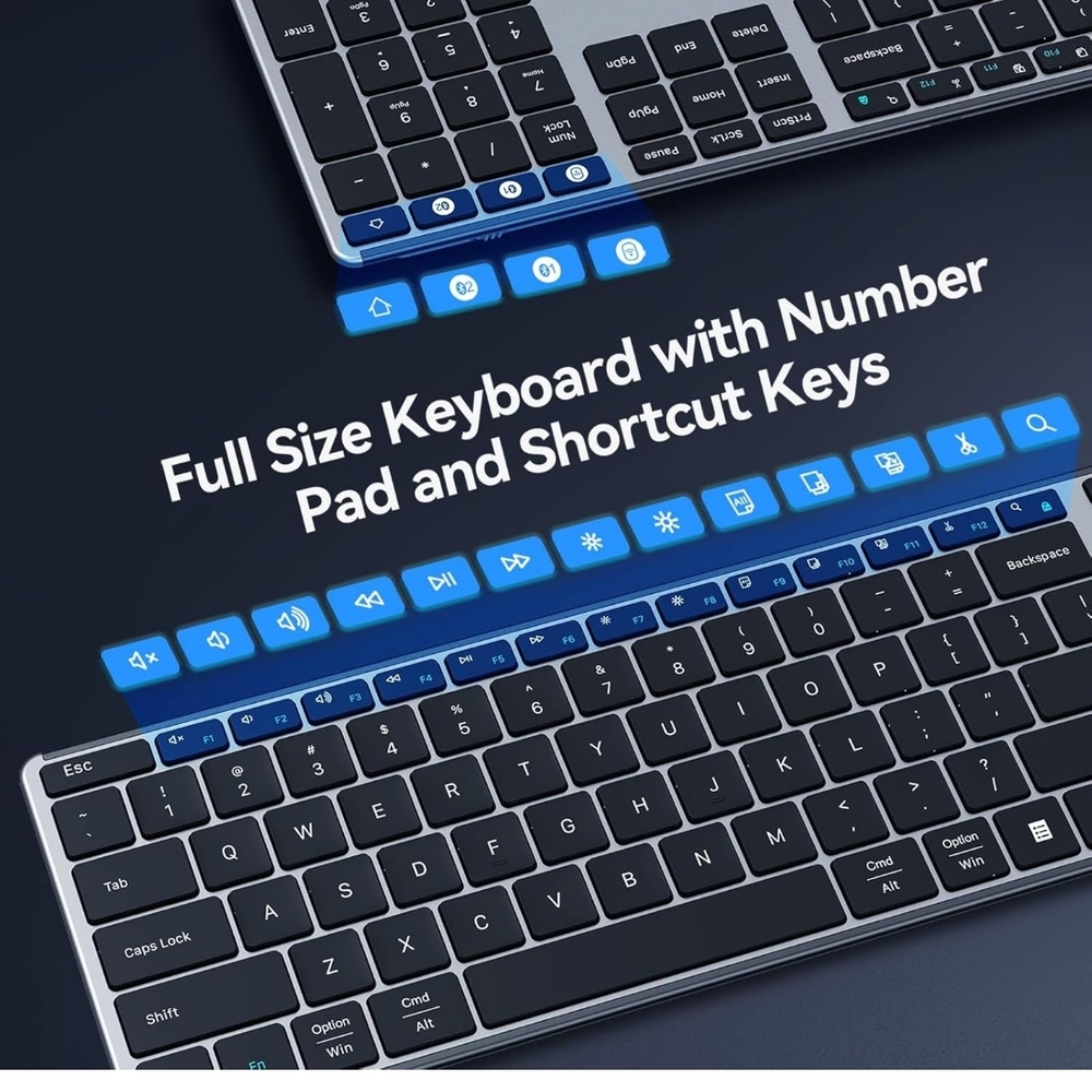 Full Size Wireless Keyboard with Blue Backlit Shortcut Keys
